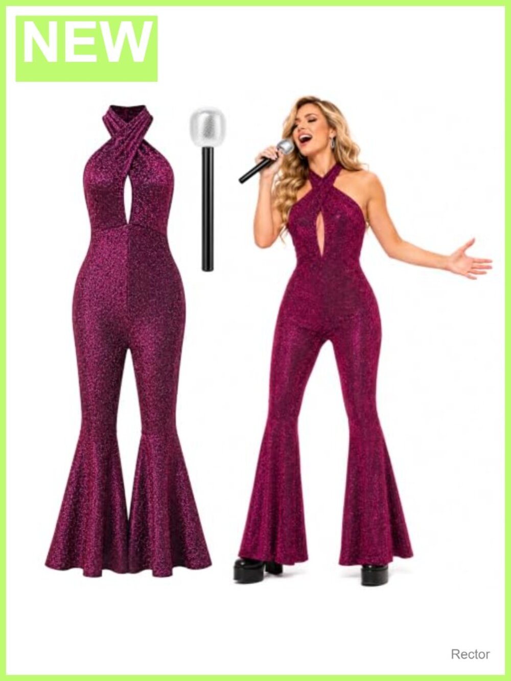 Women’s Sequin Jumpsuit Costume with Microphone Sparkly Flared Leg Bodysuit